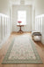 Floral patterned rug on a wooden floor in a living room setting.