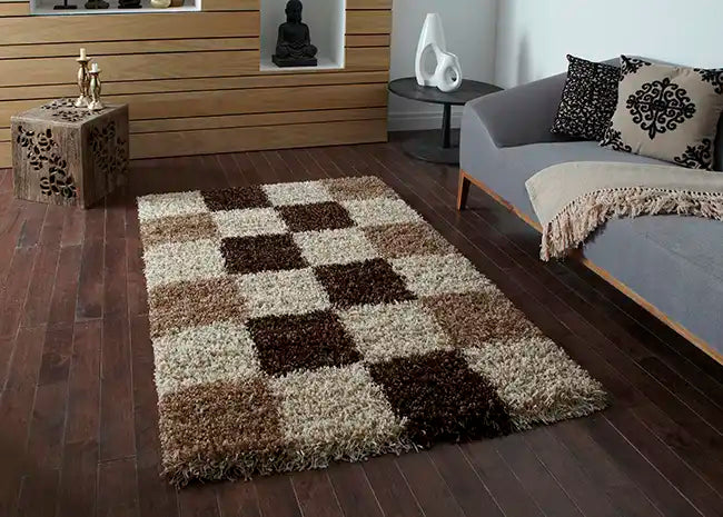 Think Rugs vista pattern 2247 check Brown, Beige Living Room Shaggy Rug.