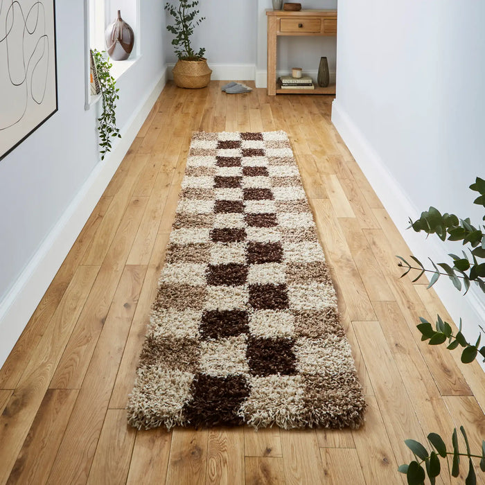 Think Rugs vista pattern 2247 check Brown, Beige Living Room Shaggy Rug.