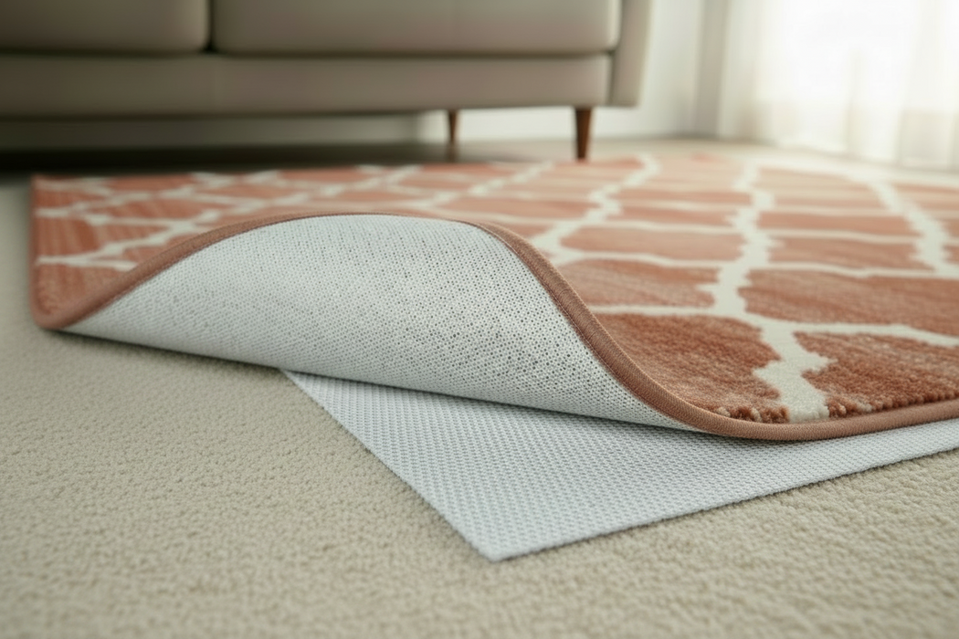 A close-up of a patterned area rug with one corner folded back to show the underlay, placed on a beige carpet in a living room setting with a sofa visible in the background.