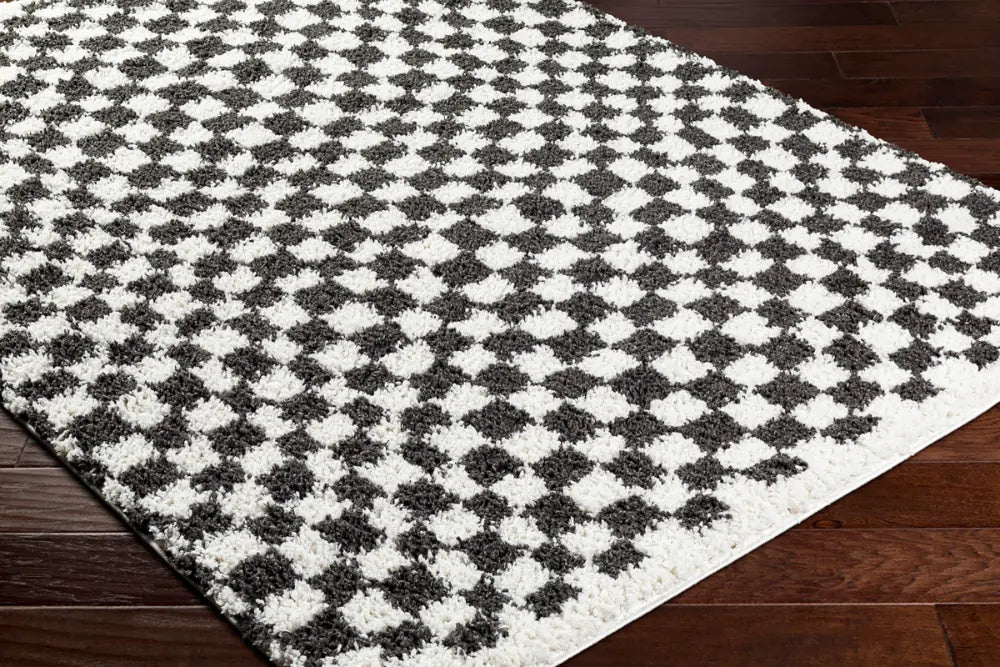 Grey Checked Rug KITTU Shaggy Modern Plush Pile Dark Grey Checkered Rug Black Rug ...