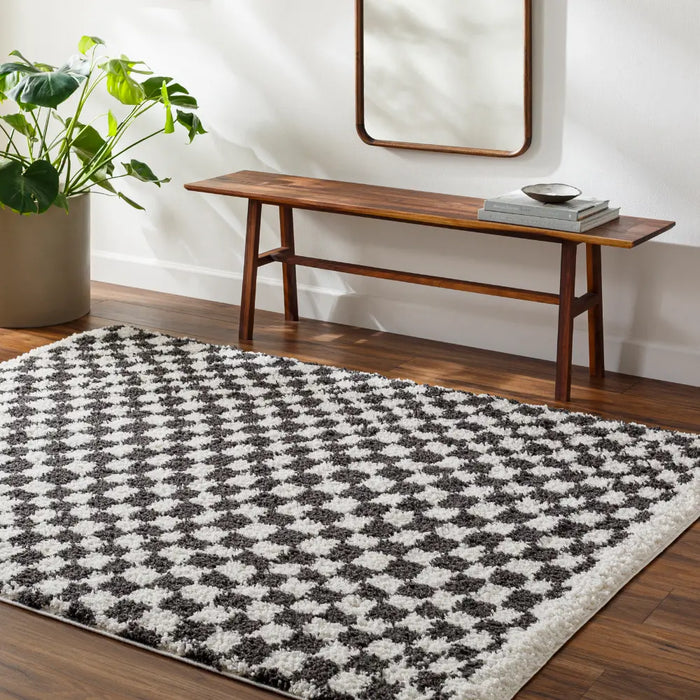 KITTU Shaggy Modern Plush Pile Dark Grey Checkered Rug
