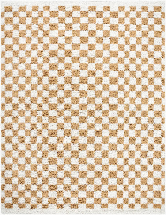 KITTU Shaggy Modern Plush Pile Saffron Checkered Rug