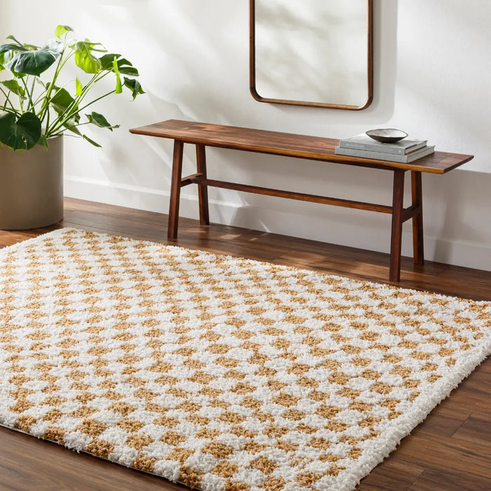 KITTU Shaggy Modern Plush Pile Saffron Checkered Rug