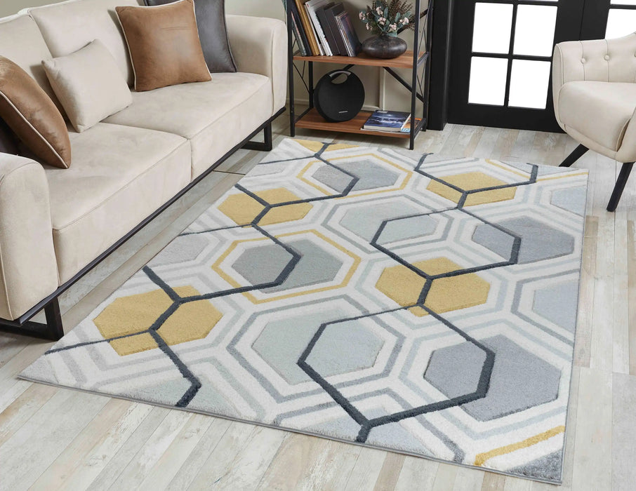 Serdim Rugs valencia 750 grey Grey, Yellow, Multicoloured Living Room Geometric Rug.