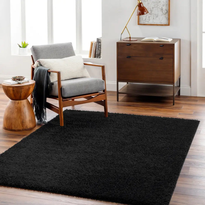 CLAIRE Shaggy Solid Color Plush Pile Black Rug Black