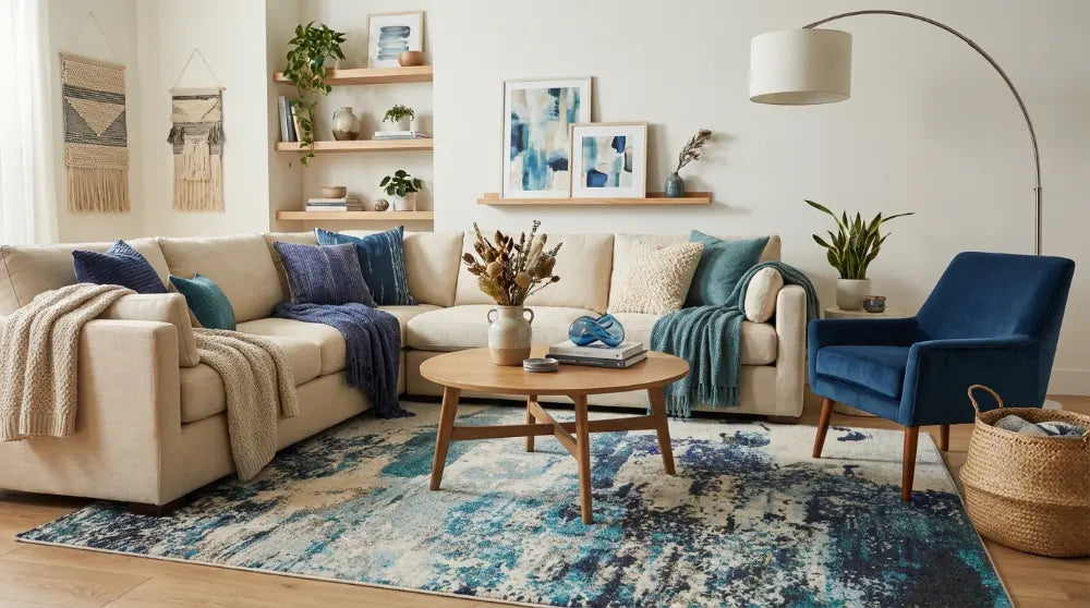 Celestial CES02 Ivory Teal Blue Rug