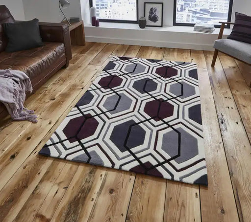 Think Rugs hk 7526 cream dark purple Grey, Purple   Rug.