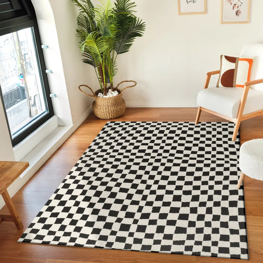 IRINA Scandi Modern High Pile Black/Ivory Checkered Rug Black Rug ...