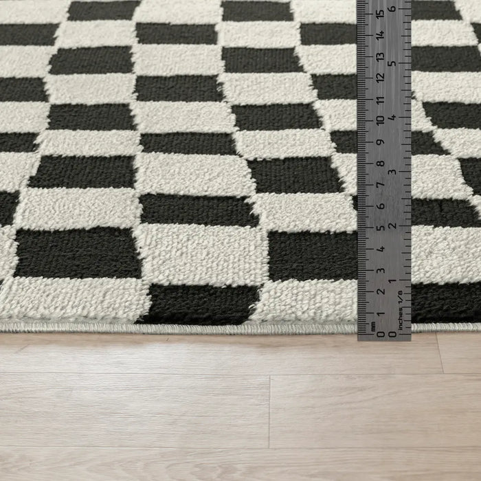Ivory Checkered Rug IRINA Scandi Modern High Pile Black/Ivory Checkered Rug Black Rug ...