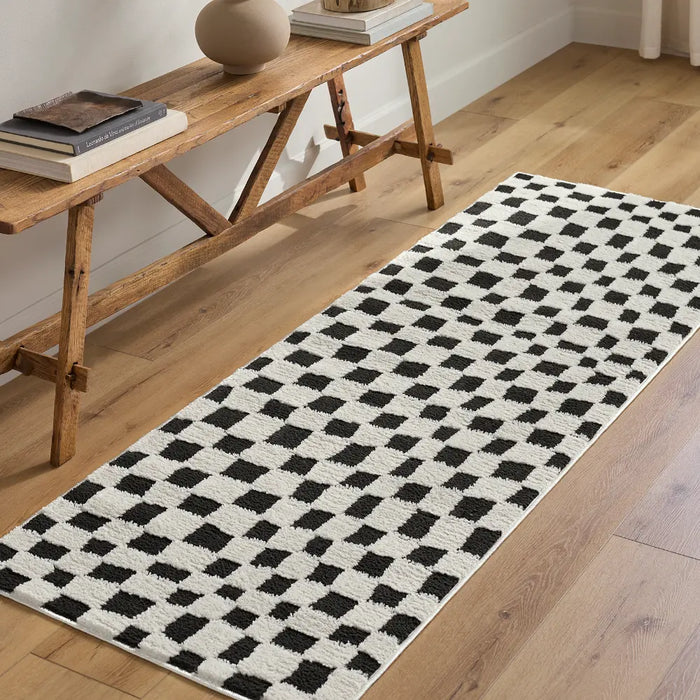 IRINA Scandi Modern High Pile Black/Ivory Checkered Rug