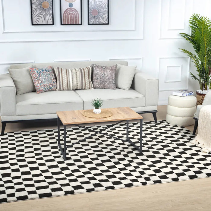 IRINA Scandi Modern High Pile Black/Ivory Checkered Rug