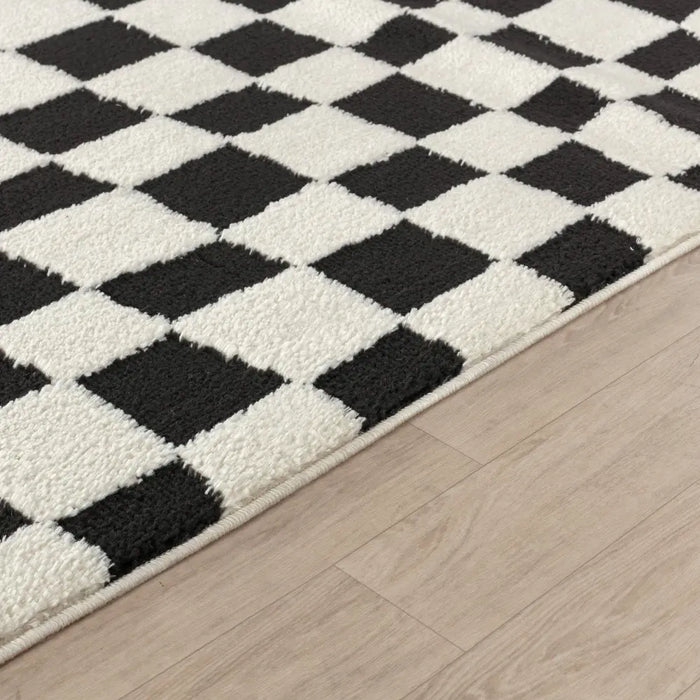 Ivory Checkered Rug IRINA Scandi Modern High Pile Black/Ivory Checkered Rug Black Rug ...