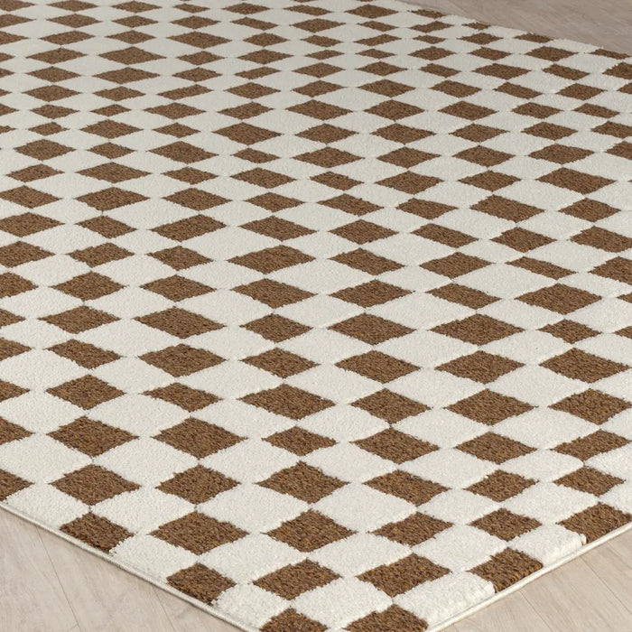 Chocolate Check Rug IRINA Scandi Modern High Pile Ivory/Brown Checkered Rug Brown Rug ...