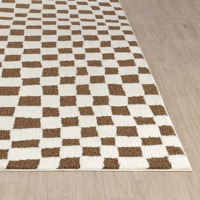 IRINA Scandi Modern High Pile Ivory/Brown Checkered Rug