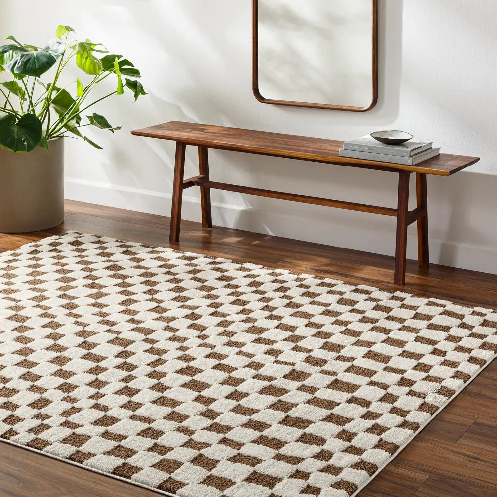 IRINA Scandi Modern High Pile Ivory/Brown Checkered Rug Brown Rug ...