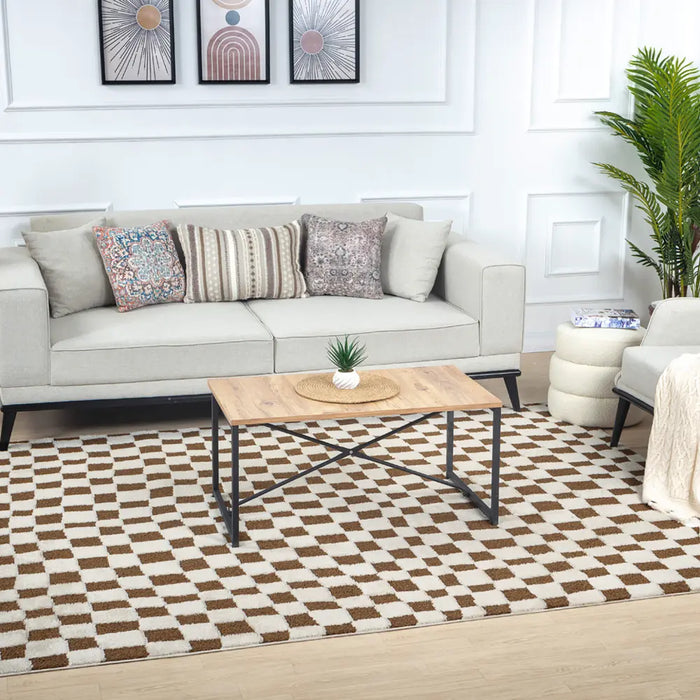 IRINA Scandi Modern High Pile Ivory/Brown Checkered Rug