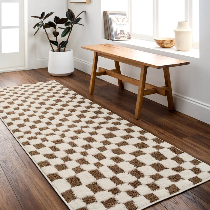 IRINA Scandi Modern High Pile Ivory/Brown Checkered Rug