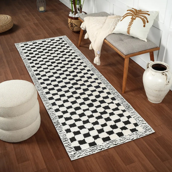 EKTA Scandi Modern High Pile Ivory/Black Checkered Rug