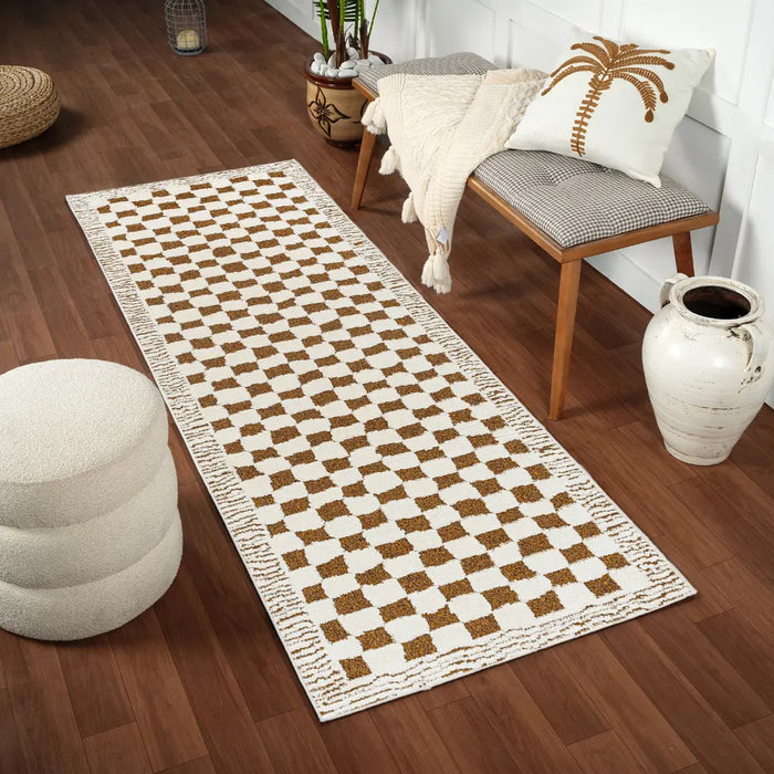 Chocolate Check Rug Ekta Scandi High Pile Checkered Modern Brown Rug — RugsDirect Online