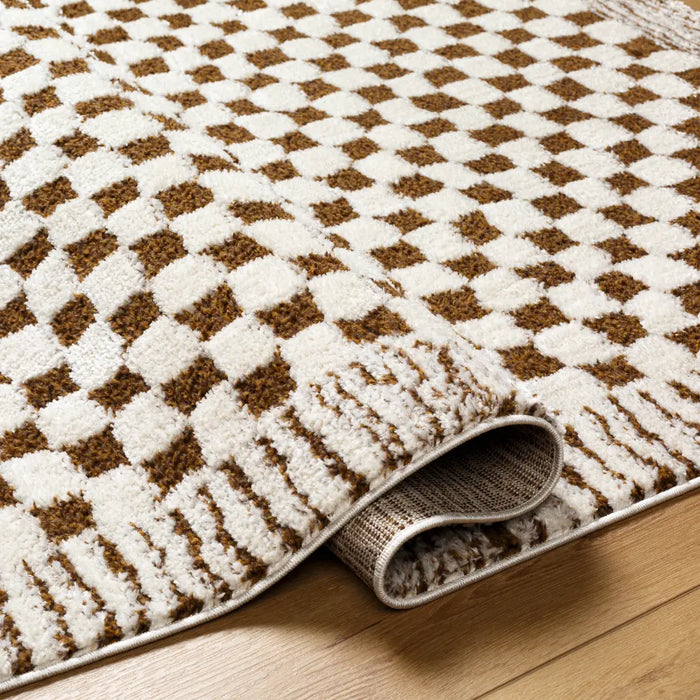 Chocolate Check Rug EKTA Scandi Modern Checkered High Pile Ivory/Brown Checkered Rug Brown ...