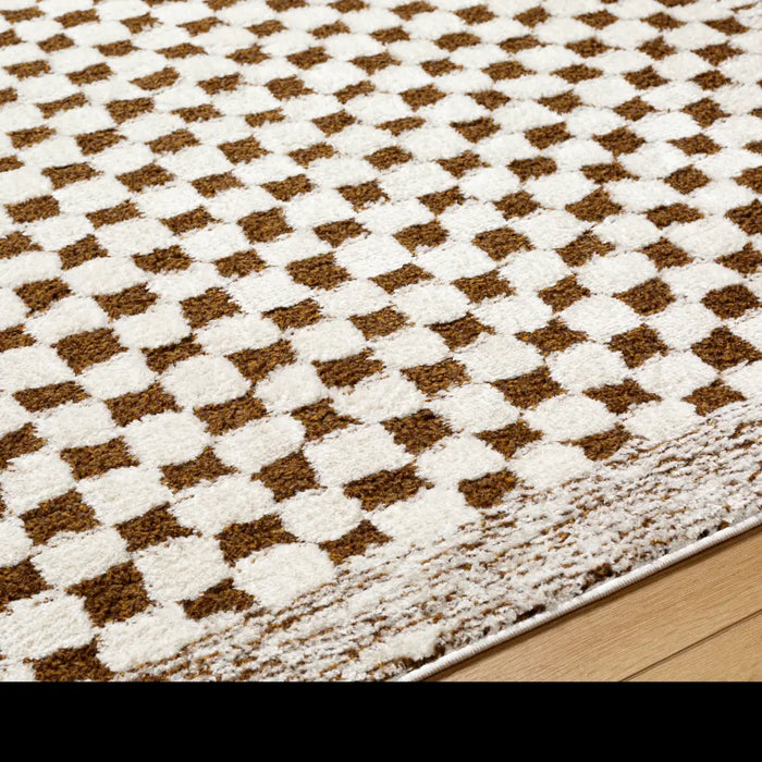 Chocolate Check Rug EKTA Scandi Modern Checkered High Pile Ivory/Brown Checkered Rug Brown ...