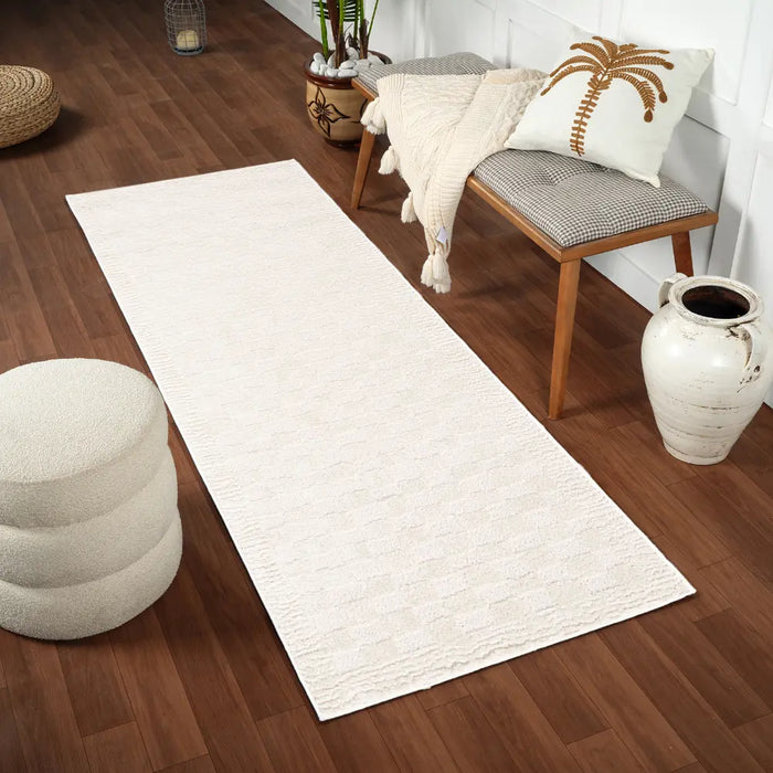 EKTA Scandi Modern High Pile Ivory/Off-White Checkered Rug