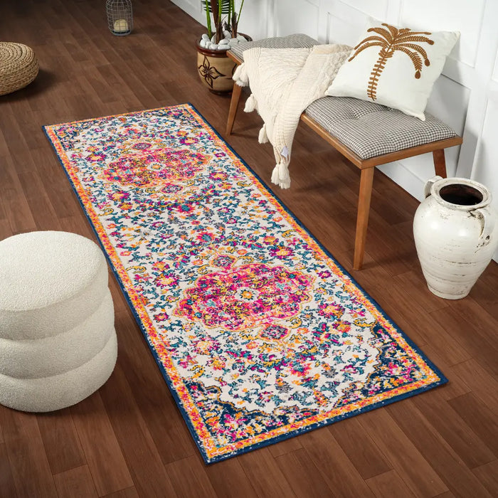 CHINU Vintage Traditional Oriental Boho Bright Pink Rug Multicoloured ...
