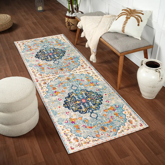 CHINU Vintage Traditional Oriental Boho Sky Blue/Saffron Rug