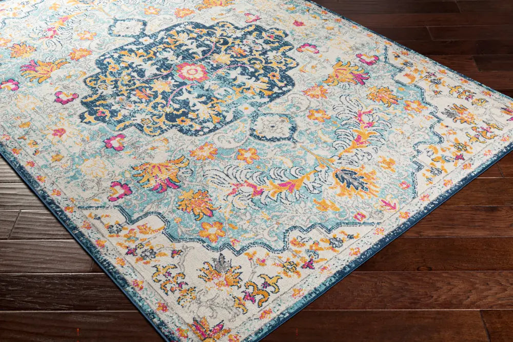 CHINU Vintage Traditional Oriental Boho Sky Blue/Saffron Rug