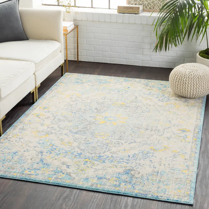 LOU Vintage Traditional Oriental Boho Cream/Teal/Yellow Rug