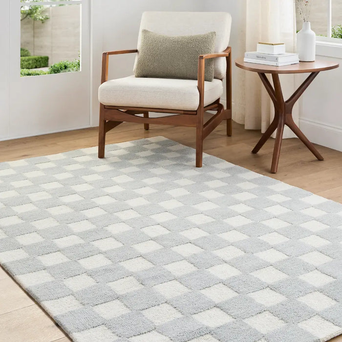 Klopp Hand Tufted Grey Ivory Wool Checkered Living Dining Bedroom KPP2300 Rug