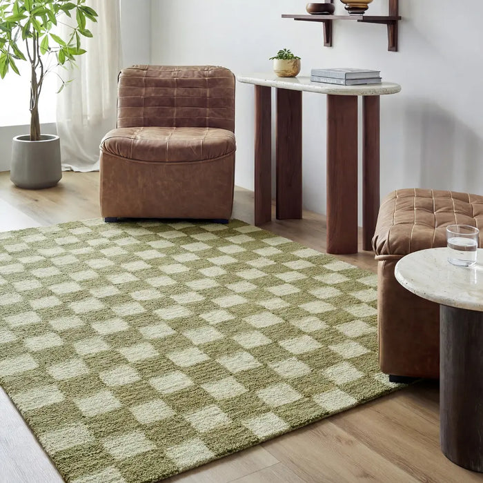 Klopp Hand Tufted Green Beige Wool Checkered Living Dining Bedroom KPP2301 Rug