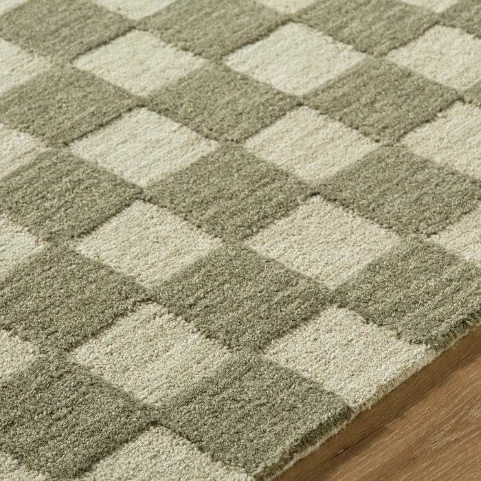 Klopp Hand Tufted Green Beige Wool Checkered Living Dining Bedroom KPP2301 Rug