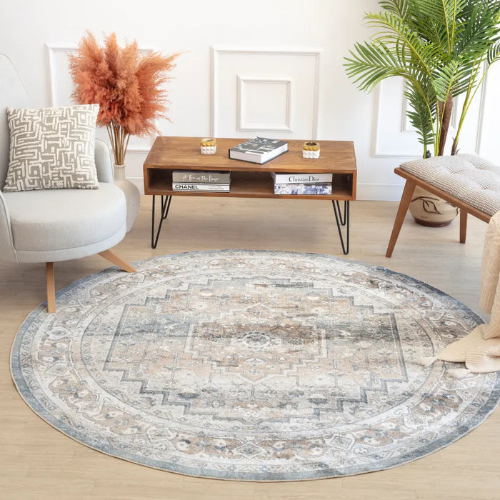 JENNIFER Machine Washable Traditional Boho Navy Blue Rug