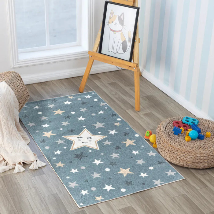 SUPERMAMA Kids Machine Washable Blue/Beige Bedroom Rug Multicolour