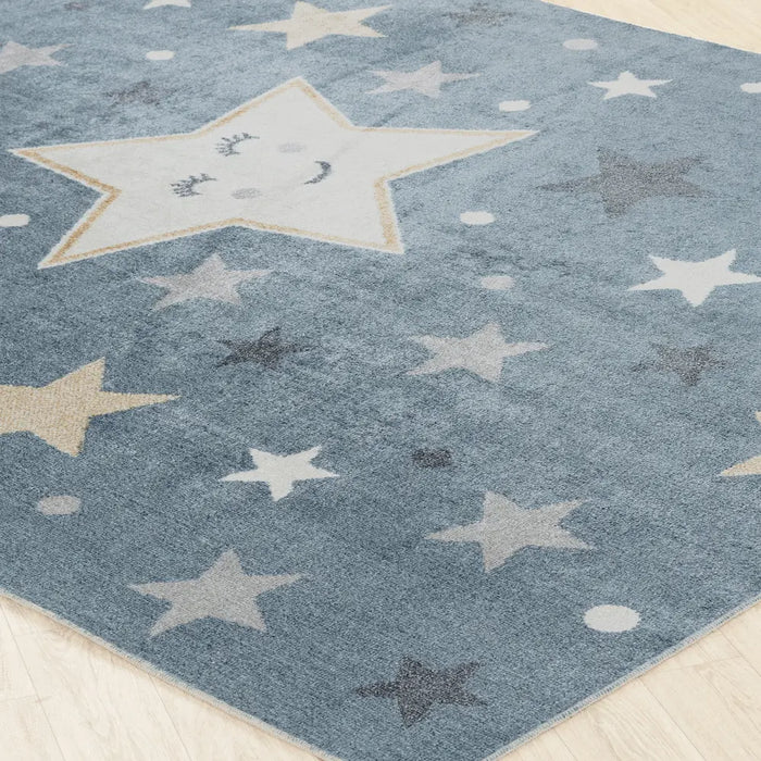 SUPERMAMA Kids Machine Washable Blue/Beige Bedroom Rug Multicolour