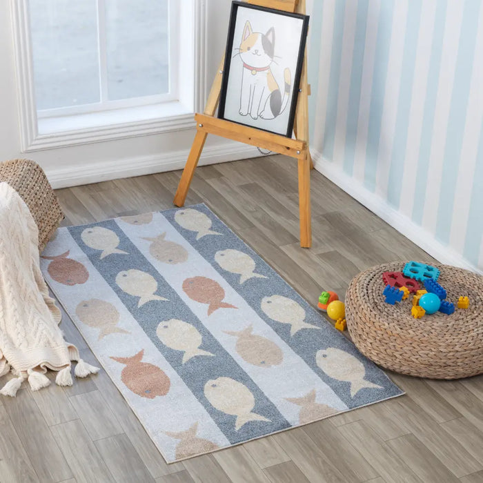 AQUAFIESTA Kids Machine Washable Beige/Grey/Orange Bedroom Rug Multicolour