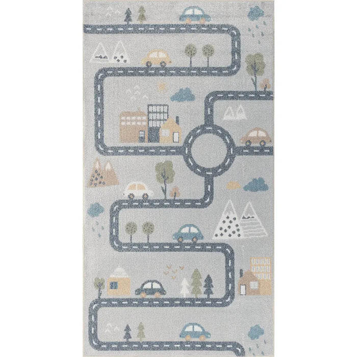 VROOMVILLE Kids Machine Washable Blue/Grey Bedroom Rug Grey