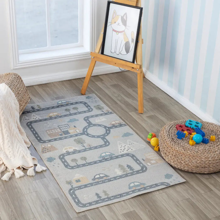 VROOMVILLE Kids Machine Washable Blue/Grey Bedroom Rug Grey