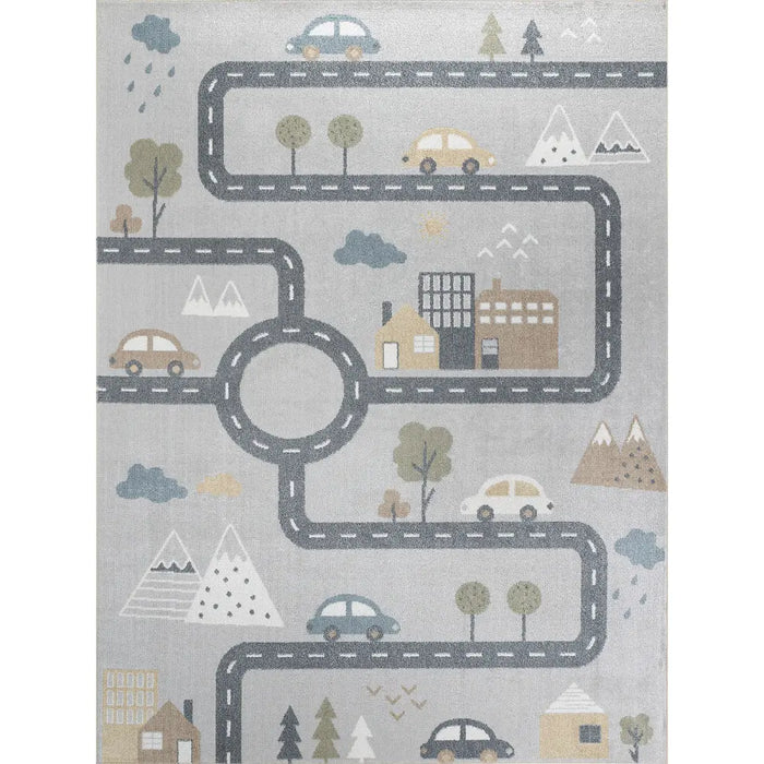 VROOMVILLE Kids Machine Washable Blue/Grey Bedroom Rug Grey