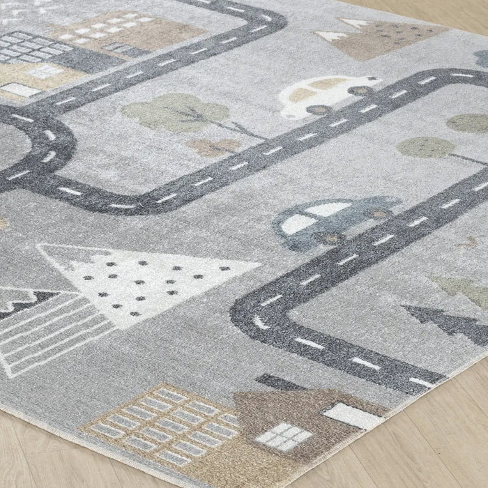 VROOMVILLE Kids Machine Washable Blue/Grey Bedroom Rug Grey
