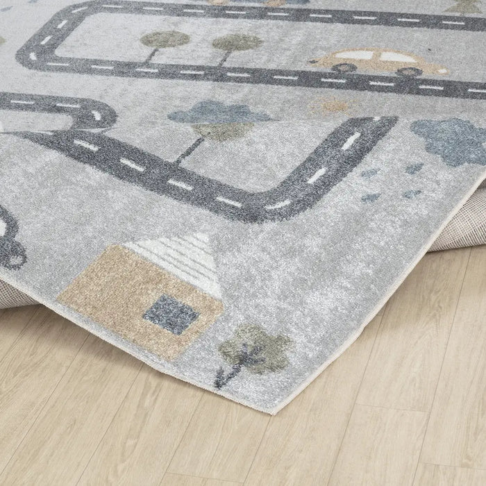 VROOMVILLE Kids Machine Washable Blue/Grey Bedroom Rug Grey