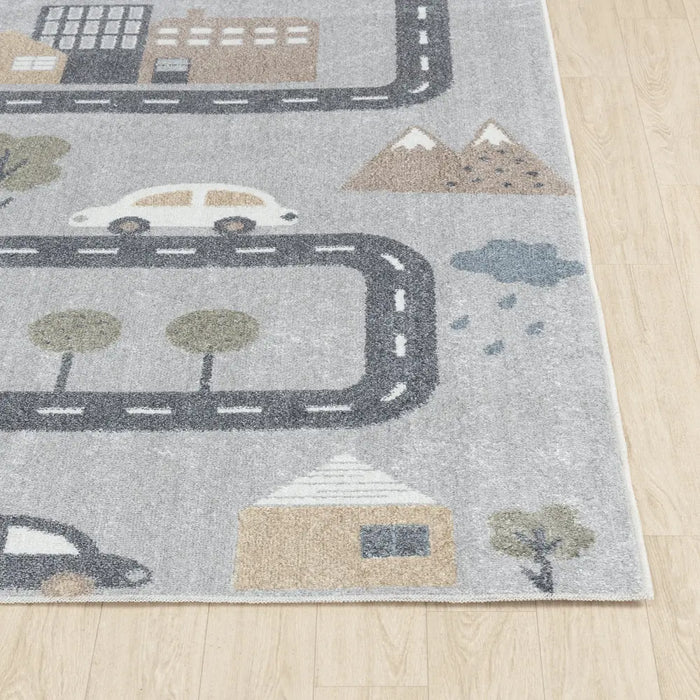 VROOMVILLE Kids Machine Washable Blue/Grey Bedroom Rug Grey