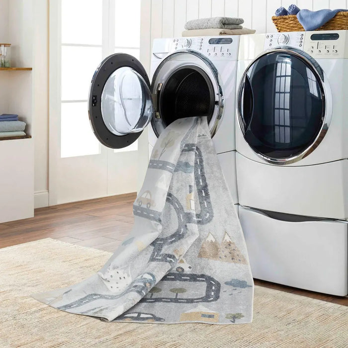 VROOMVILLE Kids Machine Washable Blue/Grey Bedroom Rug Grey
