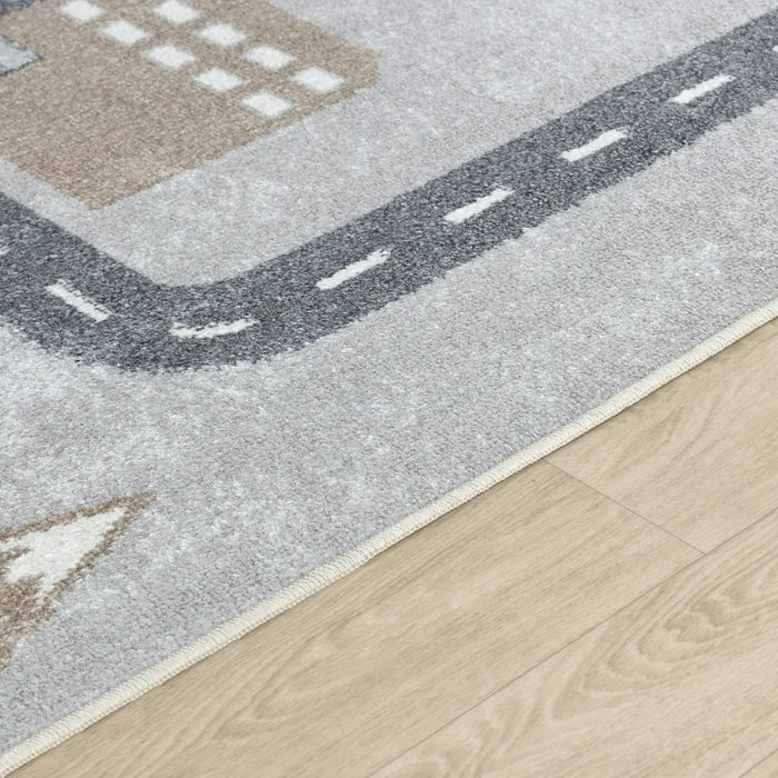 VROOMVILLE Kids Machine Washable Blue/Grey Bedroom Rug Grey