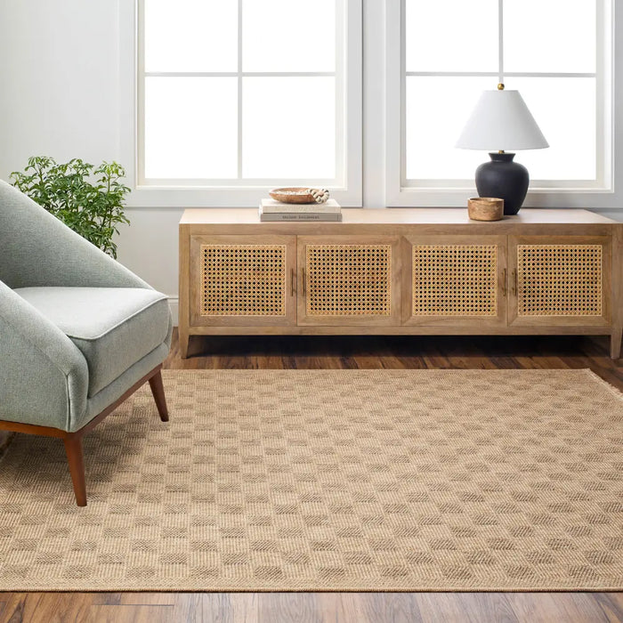 TORI In- & Outdoor Cottage Jute-Look Light Brown Checkered Rug