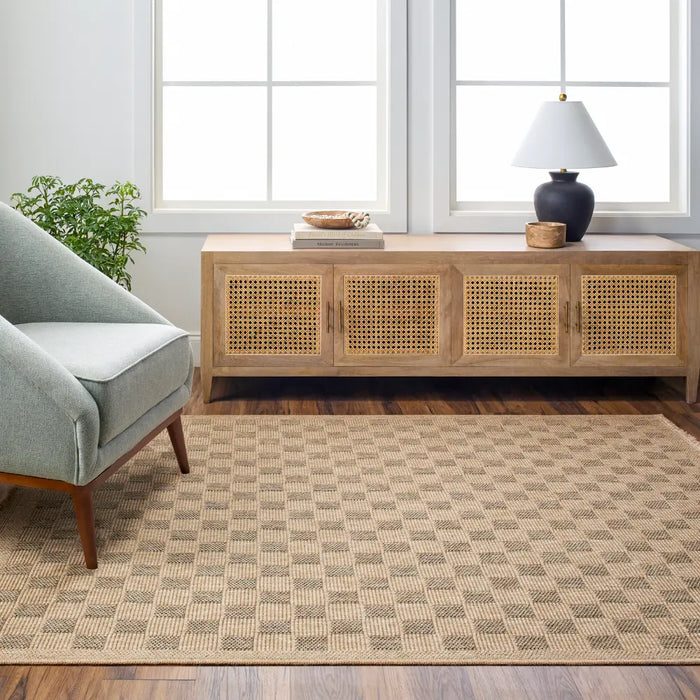 TORI In- & Outdoor Cottage Jute-Look Light Brown/Black Checkered Rug