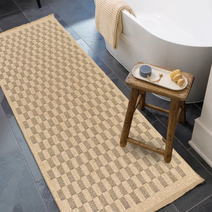TORI In- & Outdoor Cottage Jute-Look Light Brown/Black Checkered Rug