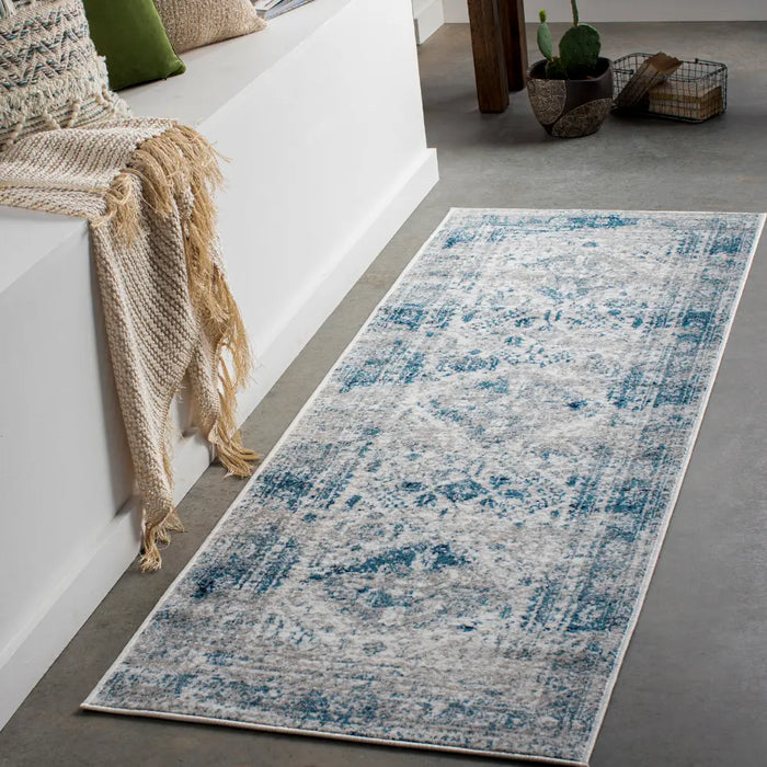 NEELAM Vintage Traditional Oriental Boho Sky Blue/Light Gray/White/Navy Rug